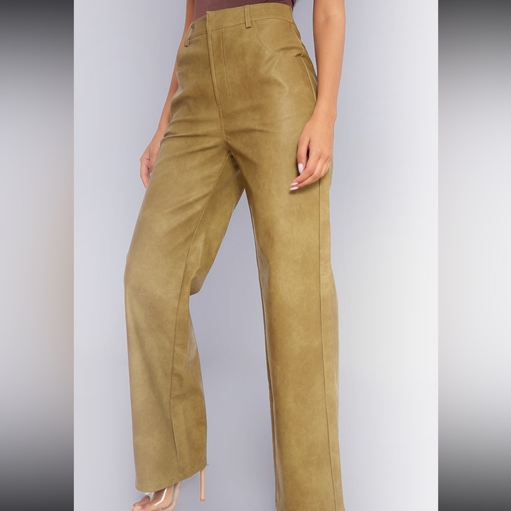 PrettyLittleThing Olive Faux Leather Trousers - Picture 8 of 12